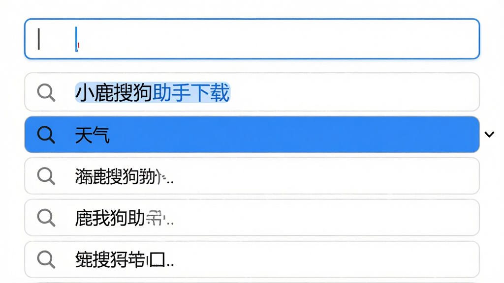 主体:小鹿搜狗助手搜索功能预览,显示一个输入框和下拉联想词列表。布局:输入框位于画面上方,下方排列五条联想词,如“小鹿搜狗助手下载”、“天气”等。排版:简洁的列表式布局,每条联想词左侧有放大镜图标。风格:清新简洁,白色背景,浅灰边框,蓝色高亮选中词。细节:输入框内光标闪烁,联想词字体为14px黑色。画质:细腻清晰,干净无杂物。