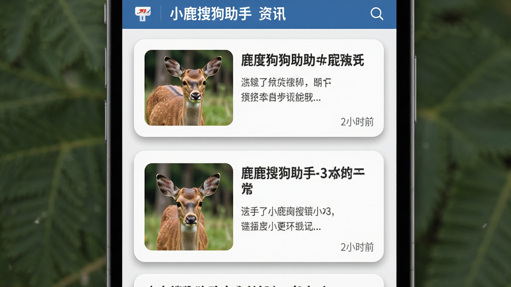 主体:小鹿搜狗助手资讯推送界面,展示三张新闻卡片。布局:卡片纵向排列,每张卡片左侧为图片,右侧为标题和摘要。排版:瀑布流式卡片布局,圆角设计,阴影效果。风格:现代杂志风,主色白、灰、蓝。细节:新闻标题加粗,摘要两行省略,右下角显示“2小时前”。画质:高清实拍图,色彩自然,干净无多余元素。