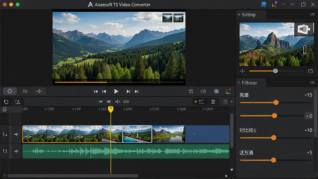 主体:Aiseesoft TS Video Converter 视频编辑界面特写,展示时间轴上的剪辑操作,以及右侧的滤镜和调节参数面板;布局:上方为视频预览窗口,播放着一段自然风光画面,下方为多轨道时间轴,显示视频片段和音频波形,右侧为参数调节竖栏;排版:上中下三段式布局,结构紧凑,操作面板一目了然;风格:专业非编软件风格,界面配色为深灰色与橙色高亮,充满科技感;细节:时间轴上有黄色剪辑点标记,参数栏中亮度滑块被拖动到+15,对比度+10,饱和度+5,水印位置显示在画面右上角;画质:画面细腻,色彩鲜艳,UI图标清晰,干净无多余元素。