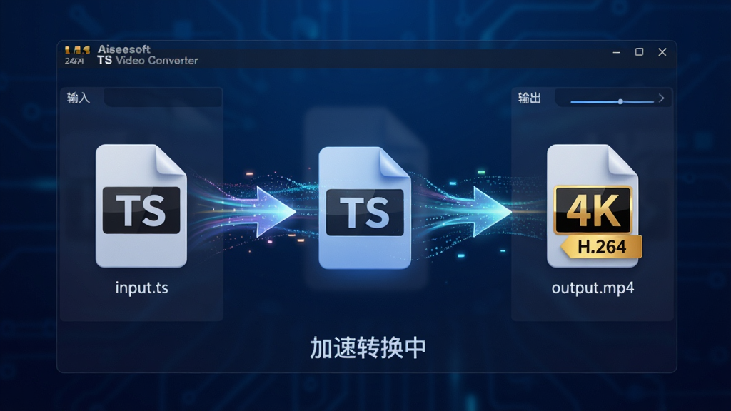 主体:Aiseesoft TS Video Converter 格式转换过程动态演示,一个TS格式的视频文件图标通过软件界面中间的处理流程,转化为MP4格式图标;布局:画面中央是软件主操作窗口,左侧是输入文件“input.ts”,右侧是输出文件“output.mp4”,中间用带有箭头的动态光线连接,代表转换流程;排版:左右对称式构图,中心突出转换动作,背景为深蓝色科技感渐变;风格:科技感、动态感,3D渲染风格,光影效果明显;细节:转换后的MP4文件图标上带有“4K”和“H.264”字样标签,光线中流动着数据粒子,象征高速处理,底部显示“加速转换中”的文字;画质:8K超高清渲染,光影逼真,画面通透,干净无多余元素。