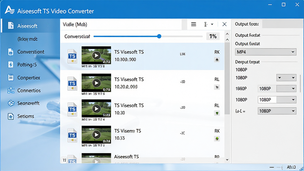 主体:Aiseesoft TS Video Converter 软件主界面展示,电脑屏幕上清晰显示软件名称“Aiseesoft TS Video Converter”和视频文件转换列表,包含多个TS视频文件;布局:界面布局清晰,左侧为功能导航栏,中间为文件列表,右侧为输出格式设置面板;排版:采用左右分栏式排版,主次分明,图标精美,色彩以蓝色和白色为主色调,简洁明快;风格:现代感、专业感,扁平化设计风格,界面元素整齐划一;细节:文件列表中的视频缩略图清晰可见,转换进度条显示百分之五十,输出格式选择为MP4,画质参数设置为1080P;画质:4K超高清画质,图像清晰锐利,色彩还原准确,界面渲染细腻,干净无多余元素。