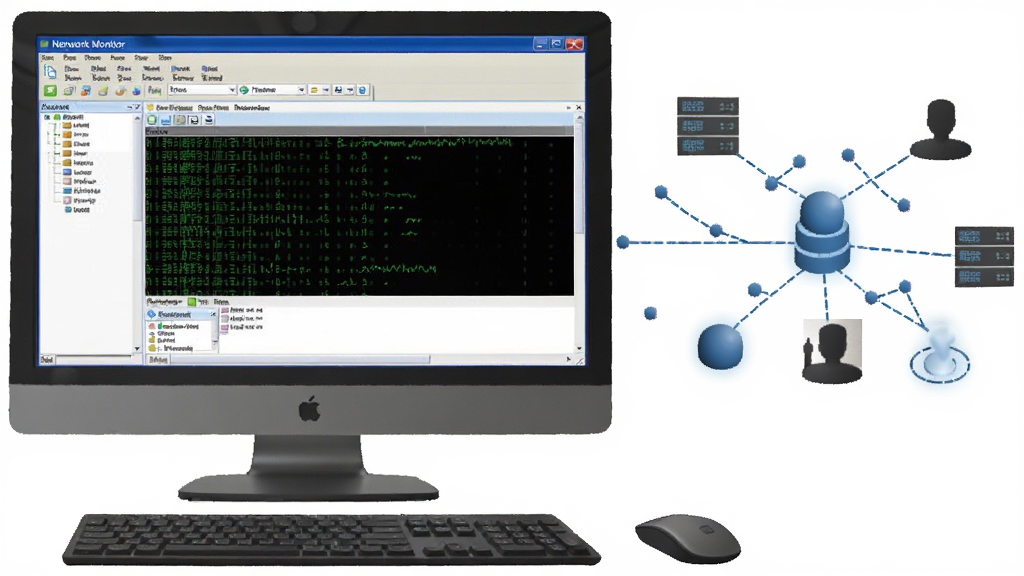 Microsoft Network Monitor 使用场景示意图,主体为电脑屏幕显示软件实时抓包过程,布局为电脑与网络示意图,风格为科技感插画,细节丰富,画质干净