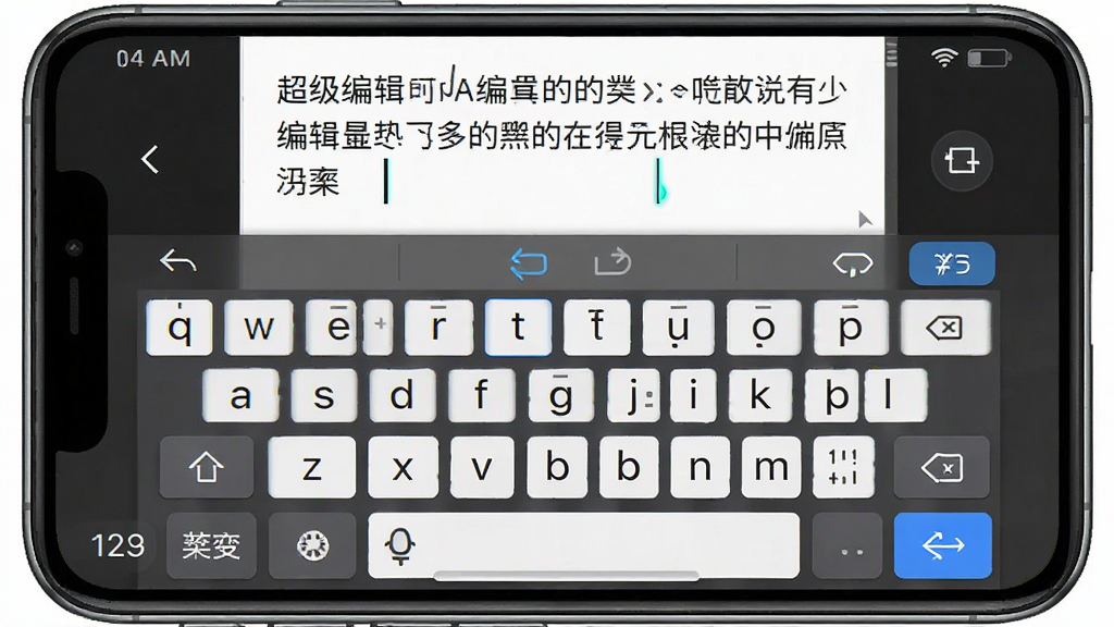 主体:超级文本编辑器在手机上的操作界面。布局:手机屏幕显示编辑区,虚拟键盘弹出,工具栏位于底部。排版:界面适配手机屏幕,按钮大小适中。风格:移动端简洁风格,色彩明亮。细节:显示中文文本,光标闪烁,工具栏有撤销、重做等按钮。画质:高清,干净,无多余元素。
