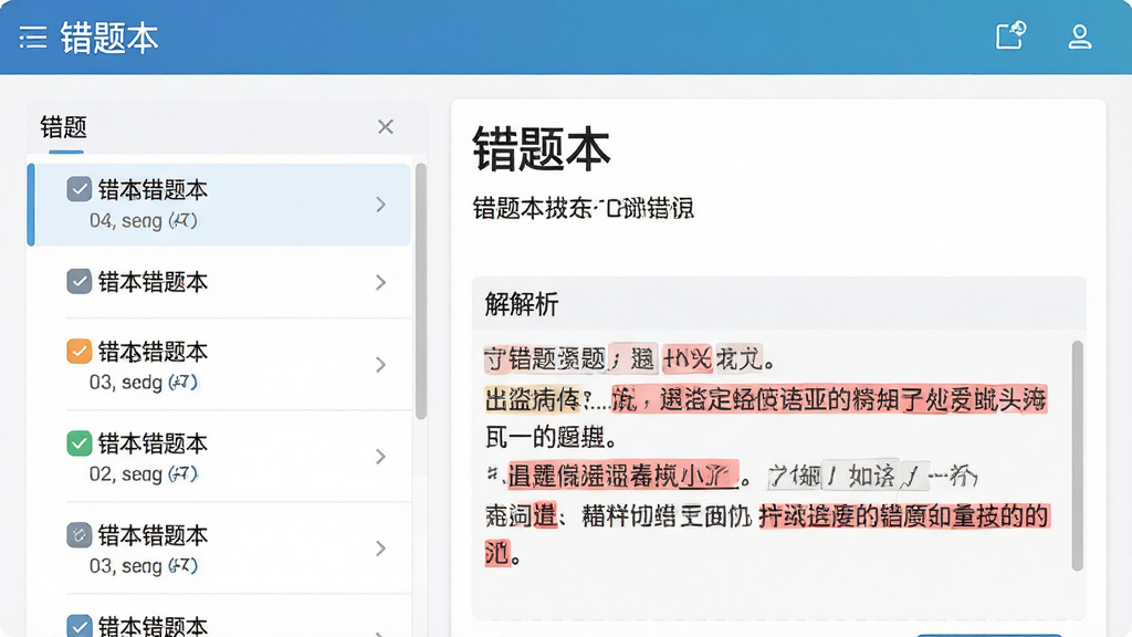 主体:软件界面显示错题本页面,包含错题列表、解析区域。布局:左侧为错题列表,右侧为题目详情和解析。排版:文字清晰,颜色分明。风格:简洁,教育风。细节:屏幕上有“错题本”字样,解析部分有红色标注。画质:高清,干净,无多余元素。