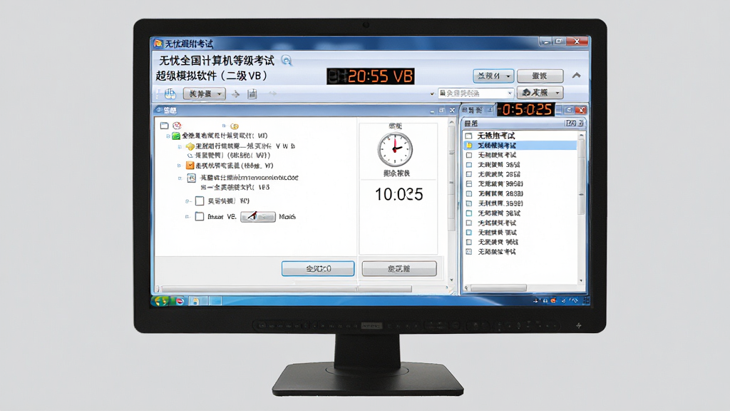 主体:电脑屏幕上显示无忧全国计算机等级考试超级模拟软件(二级VB)的全真模拟考试界面,包括答题区域、倒计时和题目列表。布局:界面居中,干净整洁,背景为浅灰色。排版:模拟界面清晰,按钮明显。风格:写实,专业。细节:屏幕上有“无忧模拟考试”文字,倒计时显示剩余时间。画质:高清,干净,无多余元素。
