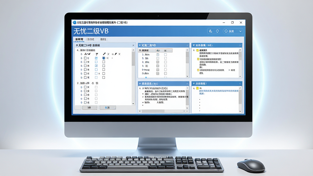 主体:一款名为“无忧全国计算机等级考试超级模拟软件(二级VB)”的软件界面展示在电脑屏幕上,屏幕上有模拟考试答题界面,包含选择题、操作题等模块。布局:电脑屏幕居中,周围有柔和的光效,下方有键盘和鼠标。排版:画面简洁,突出软件界面,界面清晰。风格:写实风格,现代感。细节:屏幕中显示“无忧二级VB”字样,界面色彩以蓝色和白色为主。画质:高清,干净,无多余元素。
