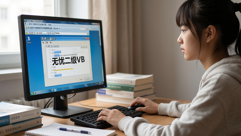 主体:一名学生正在电脑前使用无忧全国计算机等级考试超级模拟软件(二级VB)进行模拟练习,屏幕上显示答题界面。布局:学生侧身坐在电脑前,屏幕亮起,周围有书籍和笔记本。排版:画面自然,光线柔和。风格:写实,温馨。细节:屏幕上有“无忧二级VB”字样,学生表情专注。画质:高清,干净,无多余元素。