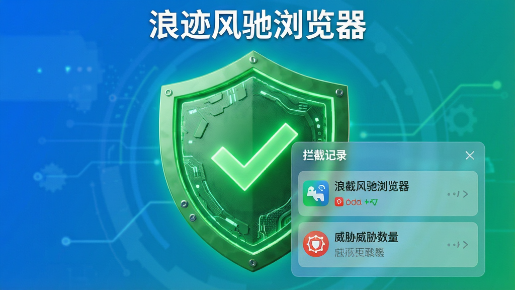 主体:浪迹风驰浏览器的安全防护盾牌图标与拦截日志界面。布局:画面中央是一个发光的绿色盾牌,盾牌上有对勾,右下方展开半透明的拦截记录列表,显示已拦截的广告和威胁数量。排版:盾牌为主体,日志列表环绕其侧,顶部有“浪迹风驰浏览器”字样。风格:写实3D渲染与扁平化UI结合,色彩明亮,蓝色与绿色为主色调。细节:盾牌表面有科技纹理,列表中的条目有图标和文字。画质:高清晰度,干净无杂乱元素。