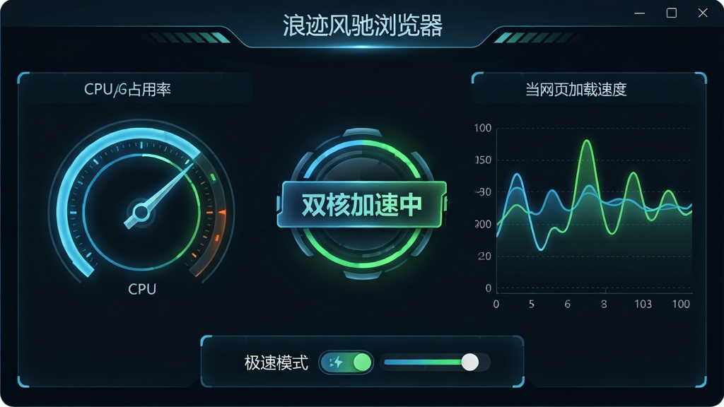 主体:浪迹风驰浏览器界面中的双核加速引擎可视化面板。布局:左侧为CPU/GPU占用率环形仪表盘,右侧为当前网页加载速度波形图,中心显示“双核加速中”状态徽章。排版:数据面板对称分布,底部有“极速模式”与“兼容模式”切换滑块。风格:HUD科技仪表盘风格,深色背景配冰蓝与荧光绿高亮。细节:波形图动态起伏,仪表盘指针清晰,文字“浪迹风驰浏览器”出现在面板顶部。画质:超清,无多余元素。