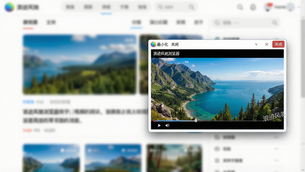 主体:浪迹风驰浏览器的视频浮窗功能演示。布局:背景为模糊的新闻网页,画面中央偏右有一个正在播放风景纪录片的悬浮视频窗口,窗口边缘有“最小化”“关闭”按钮。排版:视频浮窗为16:9比例,位于页面右侧,周围有淡淡的阴影效果。风格:现代简约,浅色界面,视频画面色彩鲜艳。细节:视频内容为4K高清自然风景,浮窗边框有“浪迹风驰浏览器”水印。画质:超清,无多余元素。