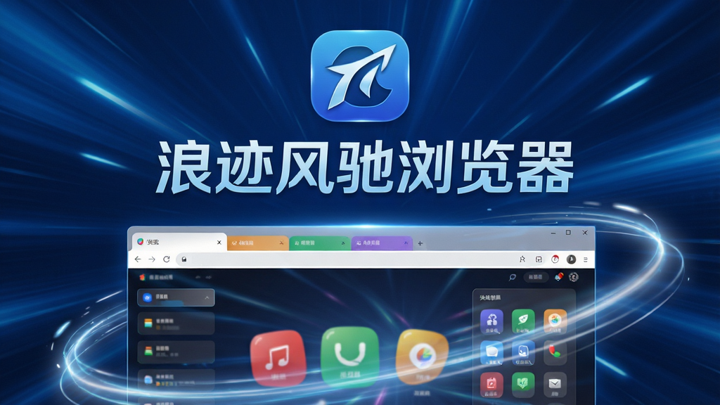 主体:浪迹风驰浏览器的品牌logo与产品主视觉图,背景为动态蓝色光效。布局:logo居中偏上,下方为浏览器界面全屏展示,周围环绕抽象的速度线条光晕。排版:简洁大气,突出品牌名称“浪迹风驰浏览器”字样,字体为现代科技感无衬线体。风格:科技感、未来感、高光泽质感。细节:界面显示多个彩色标签页和快速拨号盘,光效通透,层次分明。画质:8K超高清渲染,干净无多余元素。