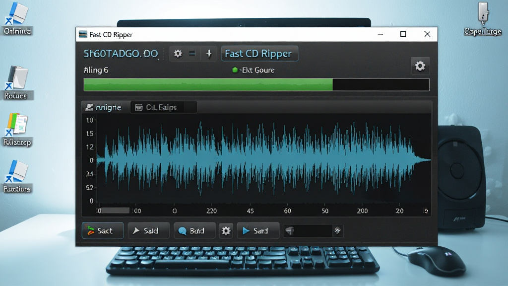 Fast CD Ripper软件运行界面,显示抓轨进度和音频波形,背景为电脑桌面,光线明亮,科技感强,细节丰富,画质高清