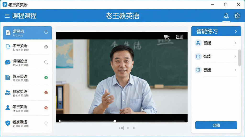 一幅展示老王教英语软件主界面的高清截图,界面包含左侧课程列表、中央视频教学窗口和右侧智能练习面板,整体风格简洁明亮,以蓝色和白色为主色调,窗口标题栏显示“老王教英语”字样,画面干净无多余元素,画质清晰,细节丰富,排版规整,风格现代教育类软件,画质高清,干净,无多余元素。