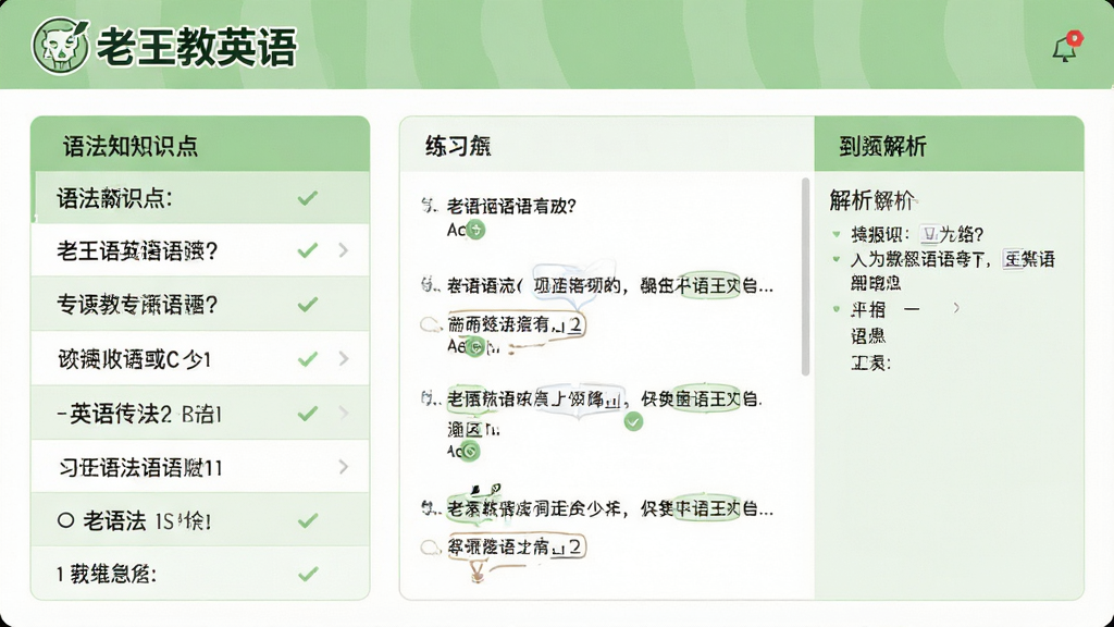 一张展示老王教英语语法专项训练界面的图片,左侧是语法知识点列表,右侧是练习题和解析区域,页面顶部有“老王教英语”的Logo,整体配色为浅绿色和白色相间,风格清爽简约,画质高清,排版清晰,细节丰富,干净无多余元素。