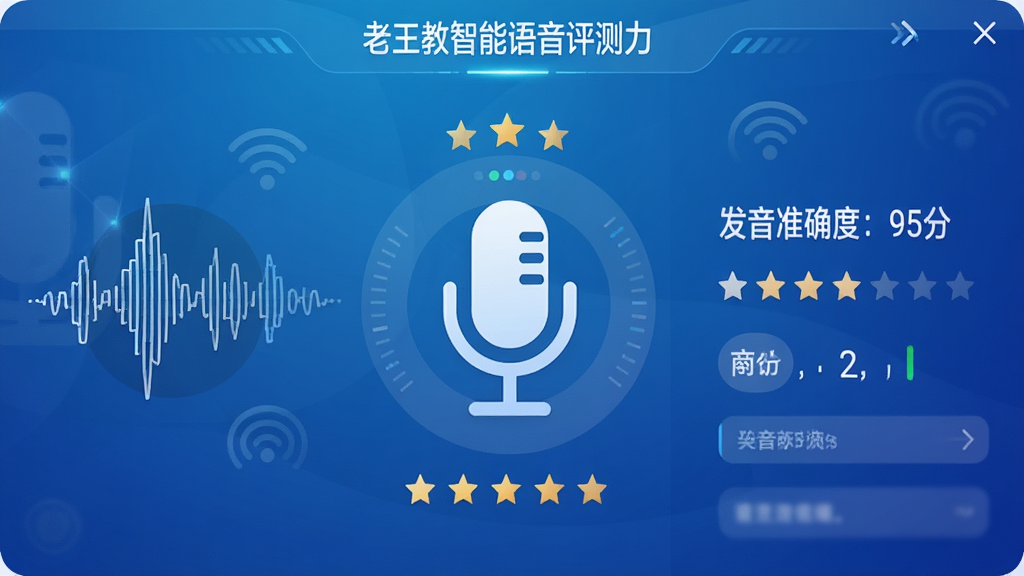 一张展示老王教英语智能语音评测功能的界面图片,画面中央是一个大大的麦克风图标,周围环绕着波形图和评分星级,右侧显示“发音准确度:95分”等字样,界面以蓝色渐变背景为主,配以白色文字,风格科技感十足,画质清晰,排版整洁,细节丰富,干净无多余元素。