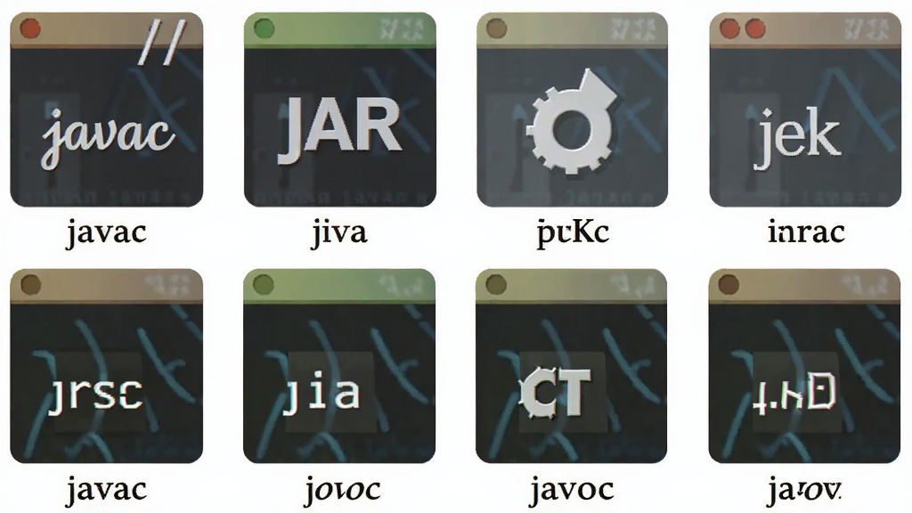 展示Java SE Development Kit(JDK)工具链的合成图,主体为javac、jar、javadoc等命令行工具图标整齐排列,布局采用水平分布,排版清晰,风格扁平化,细节每个图标下方标注名称,画质干净明亮,无多余元素