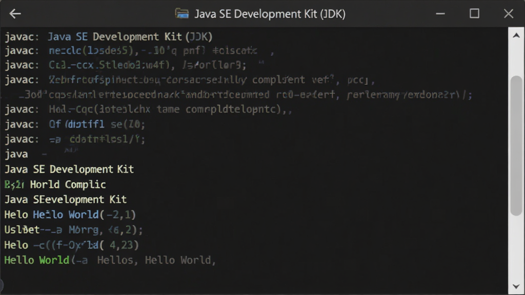 一张展示Java SE Development Kit(JDK)命令行编译运行的截图风格图片,主体为黑色终端窗口内显示javac和java命令及输出结果,布局居中,排版清晰,风格写实,细节包含“Hello World”输出字样,画质高清,无多余元素