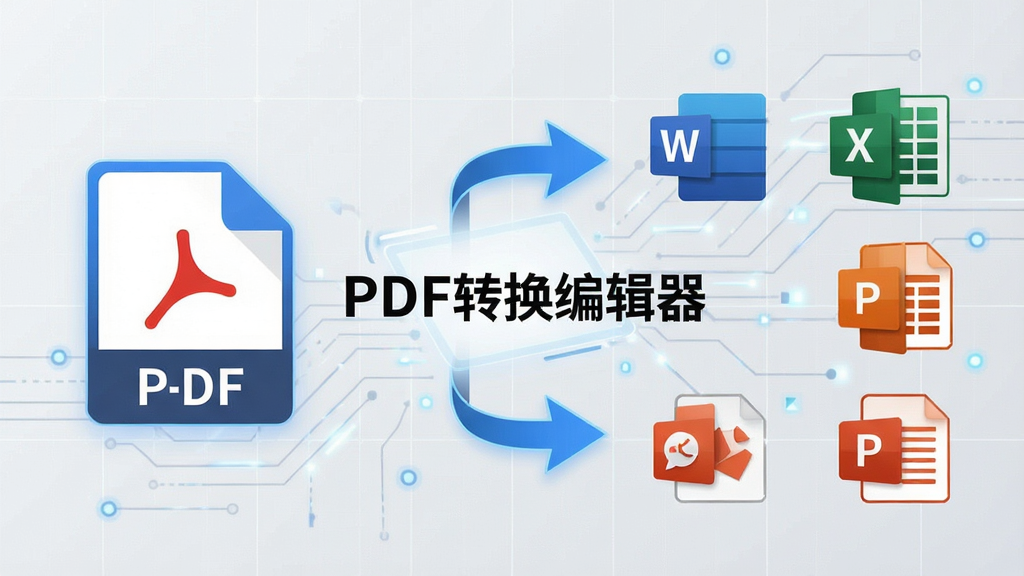 一张展示PDF转换过程的动态示意图,左侧为PDF文件图标,右侧为Word、Excel、PPT等多种格式图标,中间有箭头连接,背景为科技感浅灰网格,整体设计简洁明快,突出“PDF转换编辑器”的转换功能,画质干净。