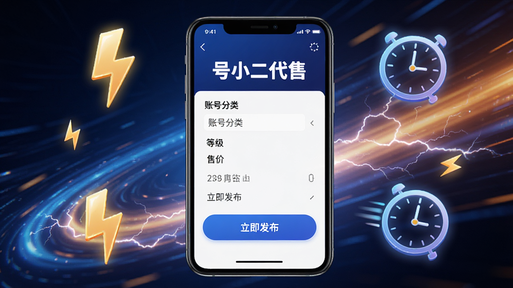 手机屏幕展示“号小二代售”的发布界面,包含账号分类、等级、售价等输入框,以及“立即发布”按钮。背景为动态光效,周围有闪电图标和时钟图标,强调快速。布局简洁,风格动感,细节丰富,画质干净,无多余元素。