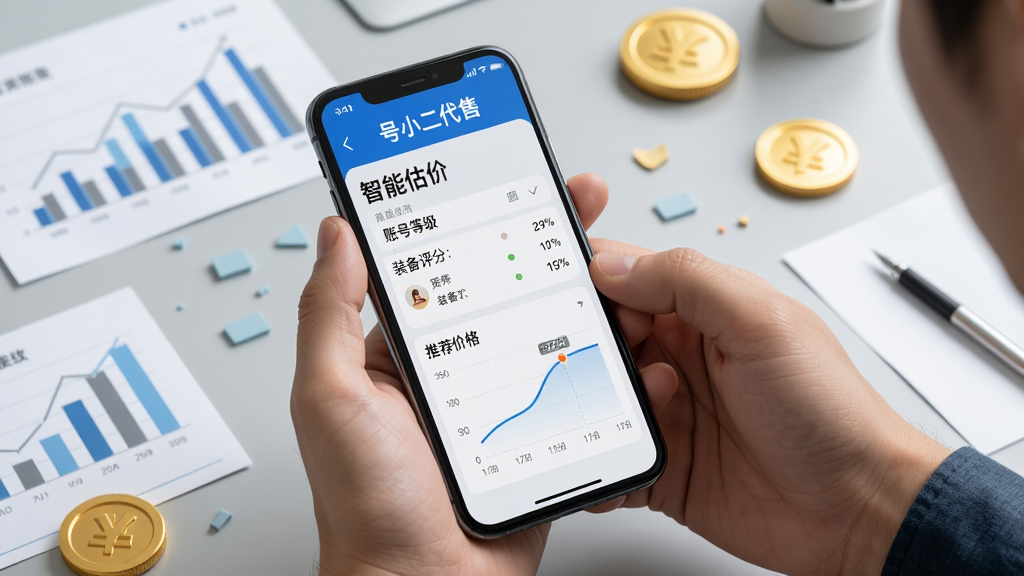 一位用户手持手机,屏幕上显示“号小二代售”的智能估价页面,页面中有账号等级、装备评分和推荐价格曲线图。背景为浅灰色工作台,周围有数据图表和金币图标。布局聚焦屏幕,风格写实,细节丰富,画质干净,无多余元素。