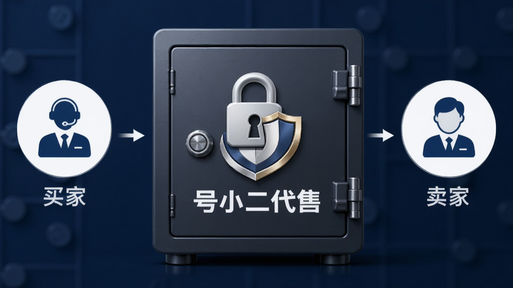 画面展示一个保险箱,保险箱上印有“号小二代售”的Logo,两侧分别连接着买家和卖家的图标,中间有锁和盾牌符号。背景为深蓝色商务风格,布局对称,风格简洁,细节清晰,画质干净,无多余元素。