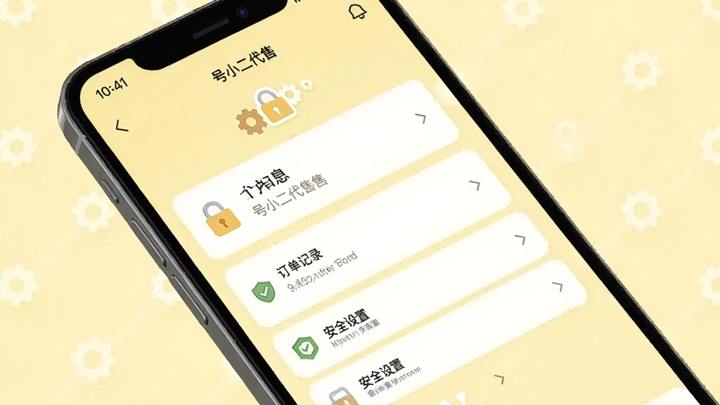 手机屏幕显示“号小二代售”的“我的”页面,包含个人信息、订单记录、安全设置等选项。背景为淡黄色,有齿轮和锁图标。布局简洁,风格清新,细节清晰,画质干净,无多余元素。