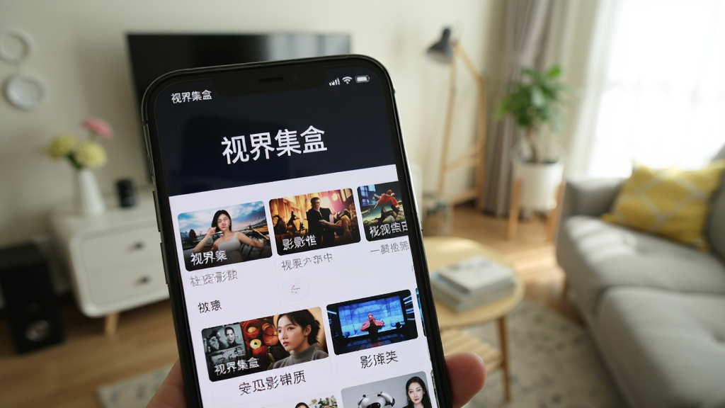 一张展示视界集盒在手机上运行的实拍图,手机屏幕显示应用主界面,背景是模糊的客厅环境,手机屏幕上清晰显示“视界集盒”字样和影视分类列表,光线充足,画质清晰,无多余元素。