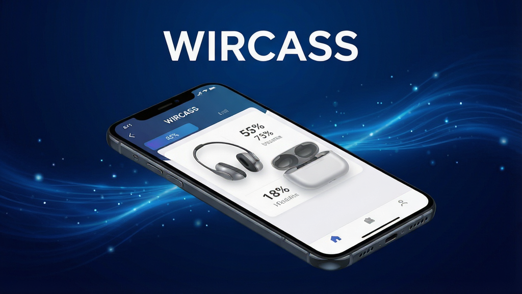 一幅现代简约风格的科技感宣传图,画面中央是WIRCASS软件界面悬浮于手机屏幕之上,界面清晰展示耳机与充电仓的电量百分比,背景为深蓝色渐变与流动的光效,构图稳定,突出软件名称“WIRCASS”,整体风格专业且富有未来感,画质细腻干净,无多余元素