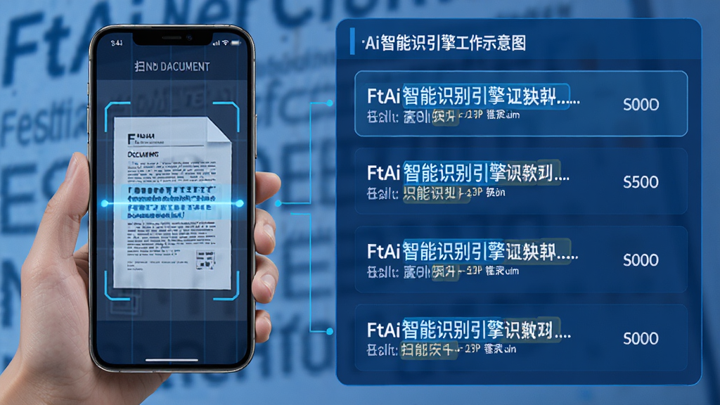 主体:FtAi智能识别引擎工作示意图,手机扫描文档。布局:左侧手机,右侧显示识别结果列表。排版:结果条理清晰,有文字高亮标注。风格:科技蓝为主色调。细节:识别出的文字被框选,并显示置信度。画质:清晰,干净,无多余元素。