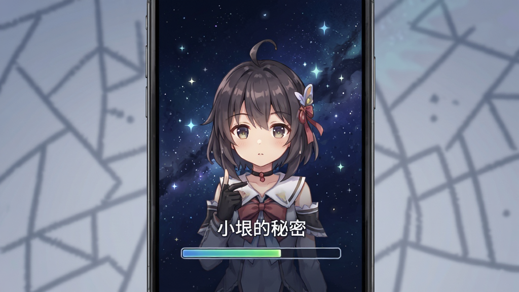 手机屏幕显示游戏加载界面,小垠的立绘居中,下方进度条,背景是星空,日系动漫风格,构图简洁,排版居中,画质清晰,干净无多余元素,画面中有“小垠的秘密”字样。