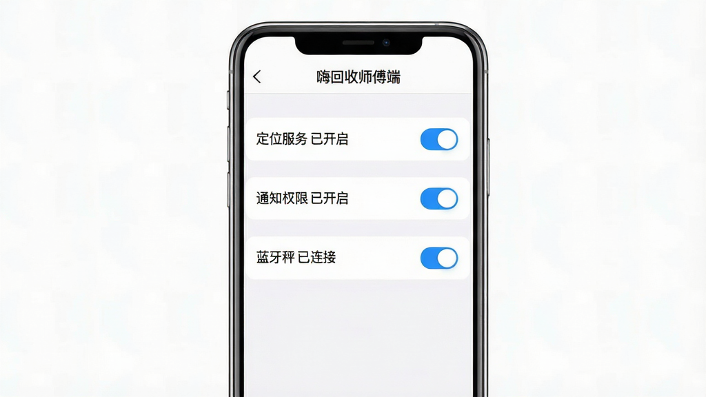 主体:手机截图展示“嗨回收师傅端”设置页面,包括定位权限、通知开关、蓝牙连接等选项。布局:手机居中,设置列表纵向排列。排版:清晰直观,每个选项右侧有开关按钮。风格:UI界面风格,简洁现代,白色背景蓝色高亮。细节:顶部有“嗨回收师傅端”字样,设置项包含“定位服务 已开启”、“通知权限 已开启”、“蓝牙秤 已连接”。画质:高清,干净,无多余元素。
