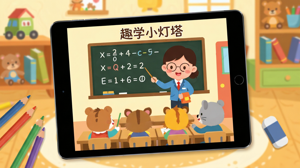 ��������Ϊƽ�������Ļ�в��ŵĶ������ã���Ļ����һ����ͨ��ʦ���ڸ�һȺС�����ϿΣ��ڰ���д�ż򵥵���ѧ��ʽ�����岼��Ϊ���ӽǶȣ�ƽ��λ�ڻ������룬��Χɢ���Ų�ɫ��Ǧ�ʺ���Ƥ���Ű���ͻ����Ļ���ݣ�����Ϊ��ܰ�Ķ�ͯ�鷿�����Ϊ��ƽ���廭�磬ɫ��������죬ϸ�ڷḻ�����ʸɾ��������޶���Ԫ�أ������д������֡�ȤѧС��������