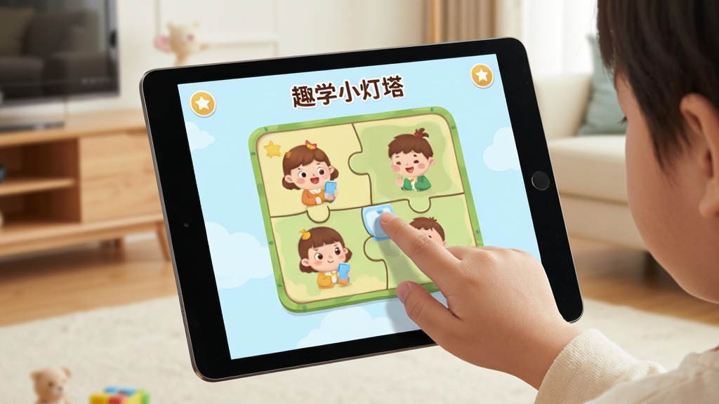 ��������Ϊһ����ͯ��ָ���ƽ����Ļ�ϵĻ�����ϰ�⣬��Ļ��ʾ��Ȥ����קƴͼ��Ϸ�����岼��Ϊ�����ӽǣ���ͯ���ֲ�λ�ڻ������½ǣ�ƽ��ռ�ݻ������ġ��Ű���ͻ����Ļ�е���Ϸ���棬����Ϊ���Ŀ������������Ϊдʵ�뿨ͨ��ϣ�ɫ�������ܰ��ϸ����ʵ�����ʸ��壬�޶���Ԫ�أ������д������֡�ȤѧС��������