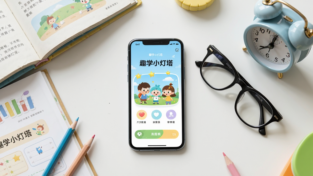 ��������Ϊһ���ֻ���ʾȤѧС������ѧϰ���棬�Ա߷���һ����ͯ�۾���һ��С���ӡ����岼��Ϊ���ӽǶȣ��ֻ�λ�ڻ������룬��Χ���鱾��Ǧ�ʵ�ѧϰ�þߡ��Ű���ͻ���ֻ���Ļ�еĶ������ݣ�����Ϊ��������������Ϊдʵ��Ӱ�磬������ͣ�ɫ����Ȼ�����������ɾ����޶���Ԫ�أ������д������֡�ȤѧС��������
