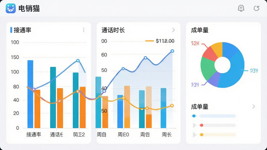电销猫数据报表界面,展示柱状图、折线图、饼图等可视化图表,数据维度包括接通率、通话时长、成单量,背景为浅灰白色,图表色彩鲜艳,左上角有“电销猫”图标,画质清晰,无多余元素