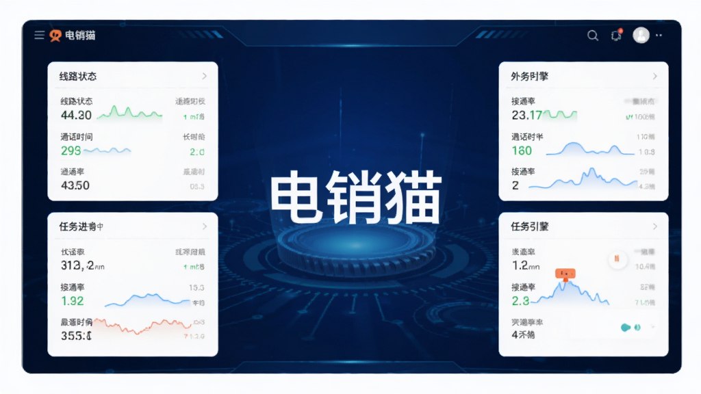 电销猫智能外呼引擎界面,显示外呼任务进行中,线路状态、通话时长、接通率等数据实时跳动,背景为深蓝色科技感风格,数据面板清晰,界面中央有“电销猫”字样,画质高,干净无多余装饰