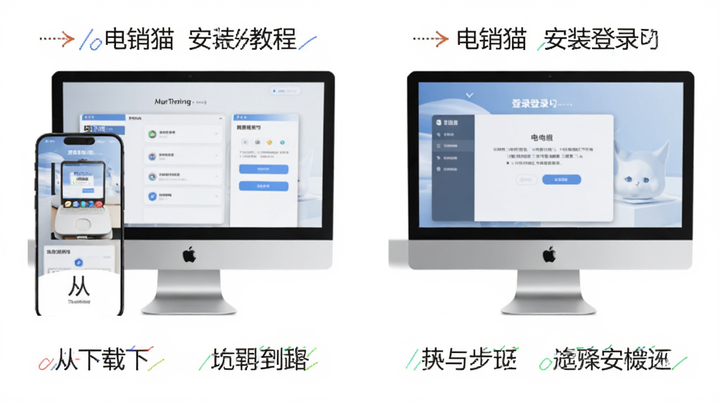 电销猫安装教程步骤图,展示从下载到登录的四个步骤,每个步骤有手机或电脑界面缩略图,配以文字说明,风格简洁明快,背景白色,画质清晰,无多余元素