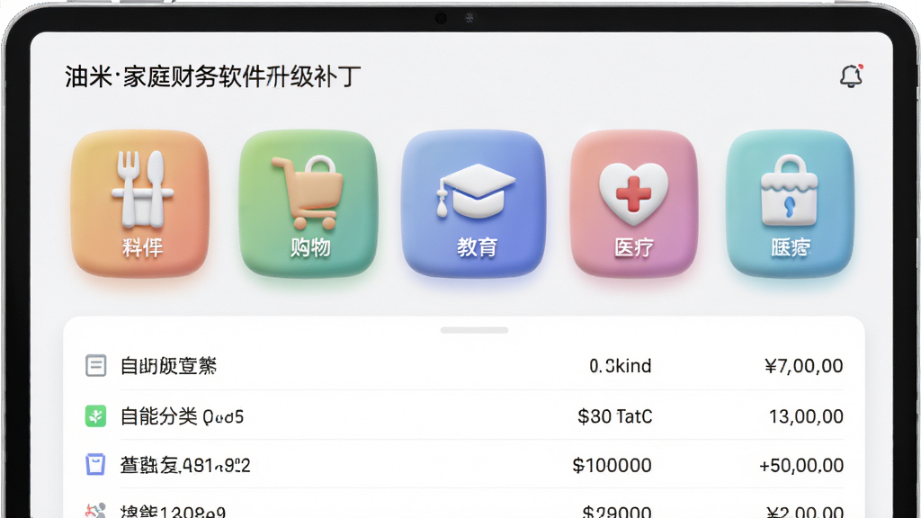 展示油米家庭财务软件升级补丁的智能分类记账界面,屏幕上有多个彩色分类图标,如餐饮、购物、教育、医疗等,下方有自动匹配的账单列表,整体界面简洁清晰,图标立体,色彩柔和,细节丰富,高画质,干净无多余元素