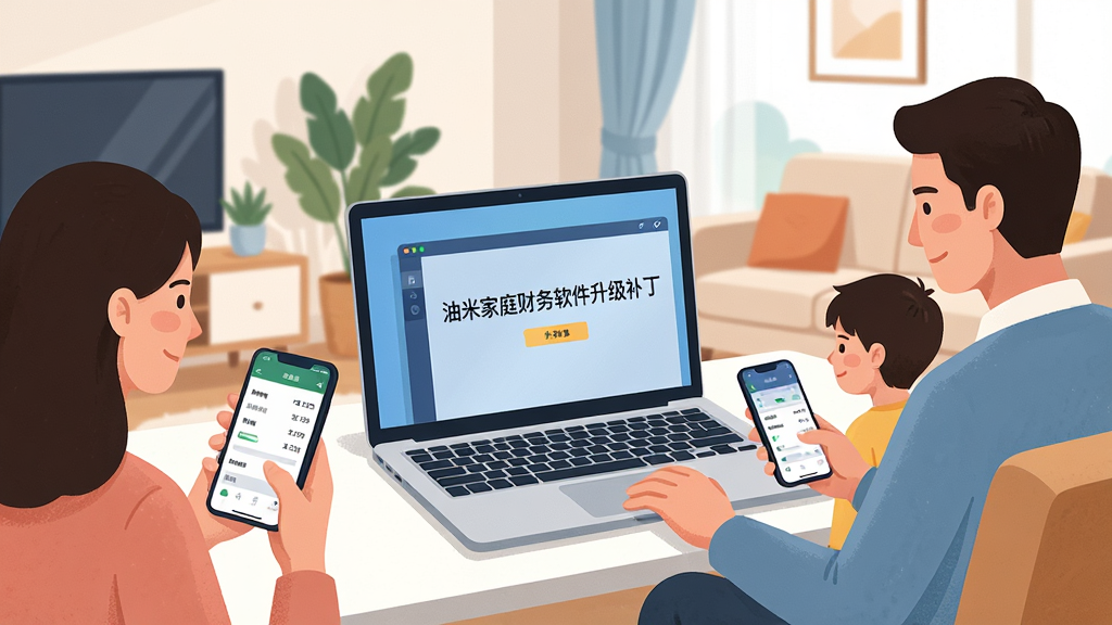 一幅展示现代家庭在温馨客厅中使用电脑和手机管理家庭财务的场景插画,画面中央有一台打开的笔记本电脑,屏幕上显示“油米家庭财务软件升级补丁”的界面,旁边有家庭成员正在用手机查看同步的账目数据,整体风格干净明亮,布局平衡,注重细节,高画质,干净无多余元素