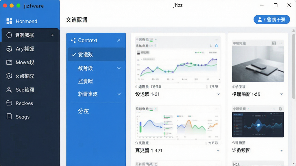 一张展示jizz软件主界面的高清截图,界面布局清晰,左侧功能导航栏,右侧内容展示区,整体风格简约现代,以蓝色和白色为主色调,图标精致,文字标签清晰,画质干净,无多余元素