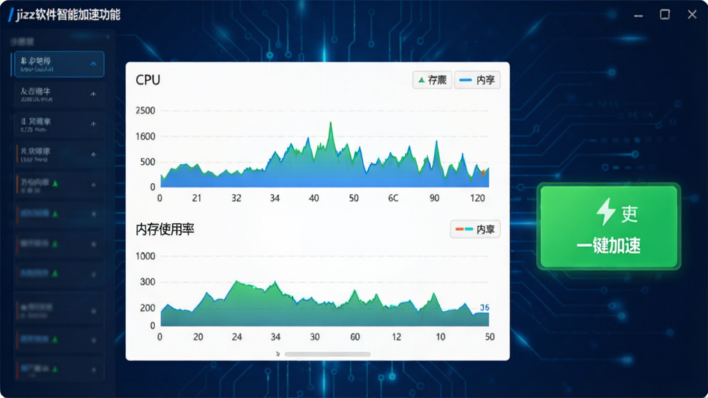 jizz软件智能加速功能运行界面,界面中央显示CPU和内存使用率图表,右侧有“一键加速”按钮,背景为深蓝色科技风格,按钮为亮绿色,数据图表动态展示,画质清晰,干净整洁