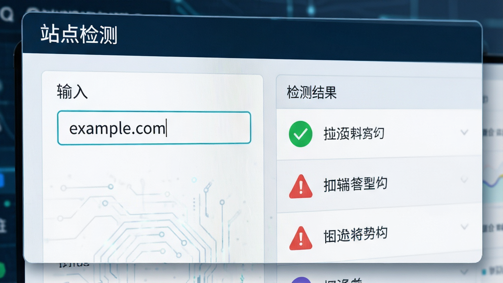 画面主体为放大的软件功能模块截图,标题为“站点检测”。布局为左右结构,左侧输入框内输入“example.com”,右侧显示检测结果列表。风格为科技感数据面板,细节包含绿色对勾与红色的警告图标。画质清晰,界面干净,无多余元素。