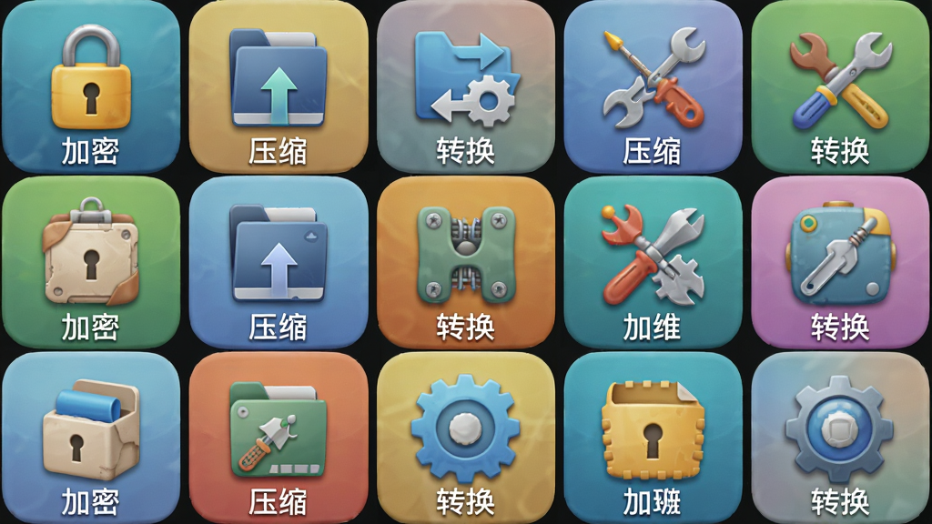 画面主体为网格状排列的各类小工具图标,每个图标下方有“加密”、“压缩”、“转换”等文字标签。布局为规整的九宫格样式。风格为轻拟物化设计,图标色彩丰富但协调。画质高清,细节到位,无多余元素。
