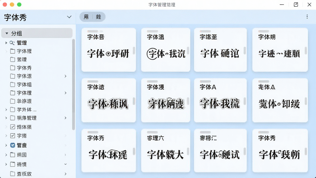 展示“字体秀”软件中字体管理功能的界面,左侧为分组列表,右侧为字体卡片网格,每个卡片显示字体名称和预览,背景为浅蓝色,界面清爽,画质干净,无多余元素