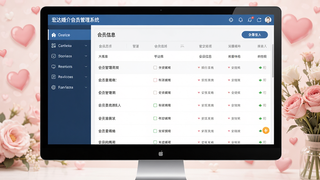 画面主体为宏达婚介会员管理系统的电脑端主界面,布局清晰,左侧为功能导航栏,右侧展示会员信息列表。背景为温馨的婚恋主题,有粉色爱心和鲜花元素点缀。整体风格简洁明亮,界面设计现代,突出软件的专业性与易用性。画质高清,干净无多余元素。