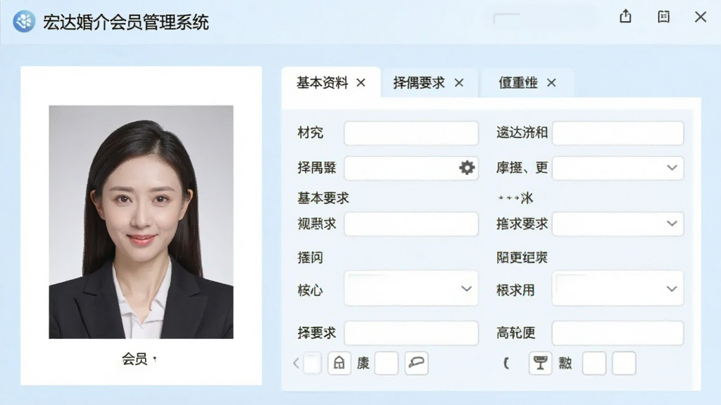 图片展示宏达婚介会员管理系统中一个会员详情的编辑界面,左侧为会员照片,右侧为各类信息录入框,包含基本资料、择偶要求等选项卡。界面风格清爽,带有淡蓝色背景,布局规整,模拟真实操作场景。画质清晰,无多余元素。