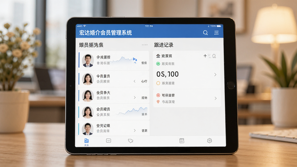 一幅展示宏达婚介会员管理系统在手机和平板设备上运行的预览图,屏幕中清晰显示会员列表和跟进记录界面,背景虚化。整体风格科技感与温馨感结合,画质细腻,突出移动办公的便捷性。