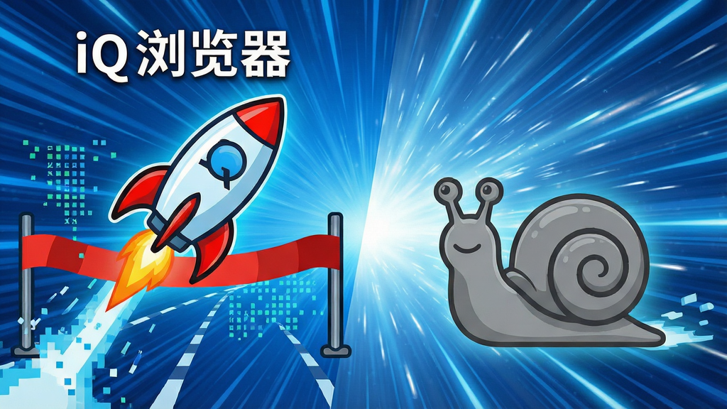 一张展示“iQ 浏览器”极速加载性能的对比图,画面左侧是带有“iQ 浏览器”字样的火箭图标冲过终点线,右侧是代表其他浏览器的灰色蜗牛图标。背景是充满动感的蓝色速度线条与光速纹理。布局采用左右分割对比式,主体元素突出,排版具有强烈的视觉冲击力。风格偏向科技插画风,细节融入像素风与数据流元素,画质清晰锐利,背景干净无多余文字。