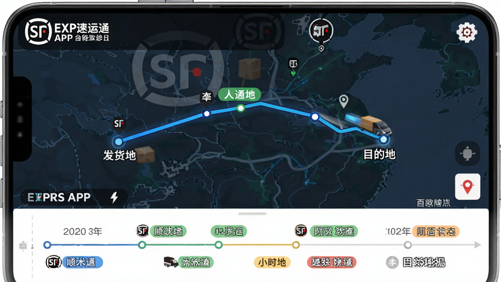 主体:顺丰速运通APP的轨迹追踪页面,以地图形式展示包裹从发货地到目的地的路线。布局:地图占满屏幕,下方有详细的时间线列表。排版:时间线节点清晰,状态标签颜色区分。风格:科技感强,地图风格简洁。细节:有顺丰logo水印和车辆移动动画。画质:超清,干净无多余元素。