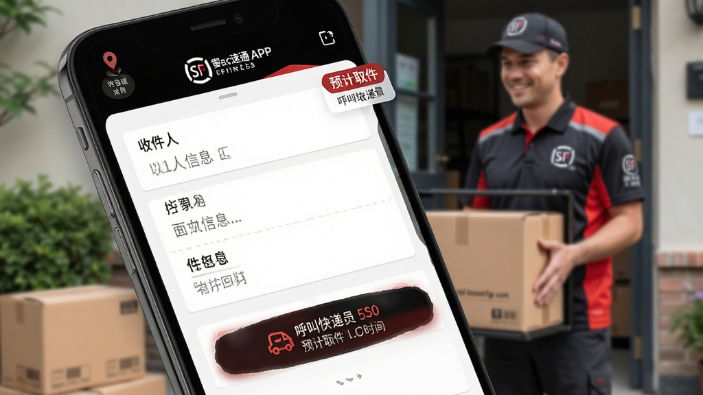 主体:顺丰速运通APP的寄件界面,显示收件人信息填写表单和“呼叫快递员”按钮。布局:手机屏幕特写,表单清晰可见,背景为顺丰快递员上门取件场景。排版:表单字段排列整齐,按钮醒目,色彩以顺丰黑红为主。风格:写实与UI结合,突出便捷性。细节:屏幕上有定位图标和预计取件时间标签。画质:高清细腻,干净无多余元素。